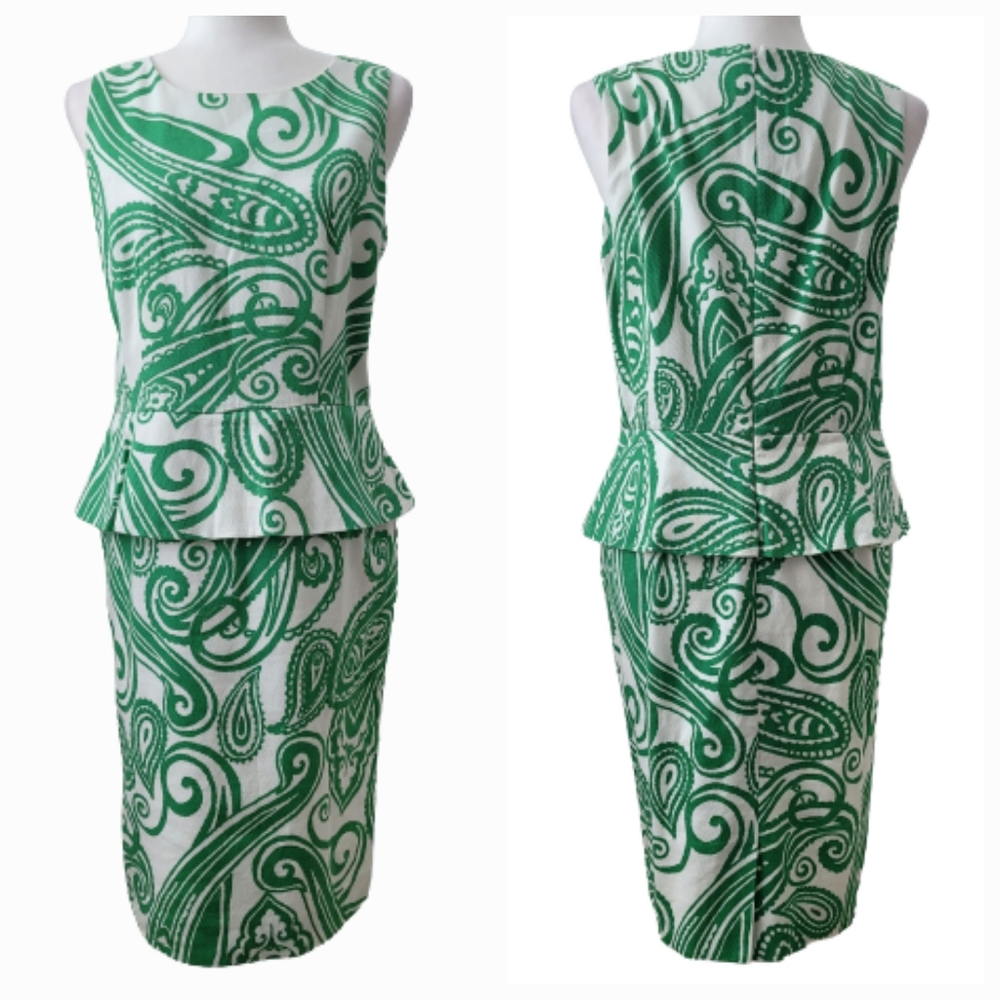New Antonio Melani Green & White Boho Paisley Peplum Sleeveless Dress sz…
